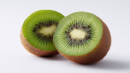 Two halves of a kiwi fruit, cut lengthwise, showcasing the vibrant green flesh and brown seeds