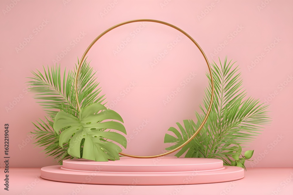 Poster 3d rendering of an empty podium with tropical leaves and a circular frame on a pink background for p