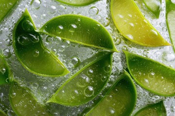 Fresh aloe vera slices with water droplets in closeup studio shot. Use this for skincare, health, beauty, and wellness concepts.