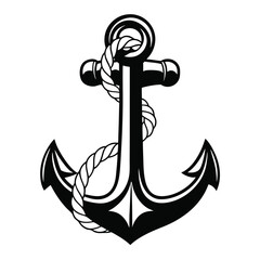Detailed black anchor entwined with thick rope is centered against a clean white backdrop