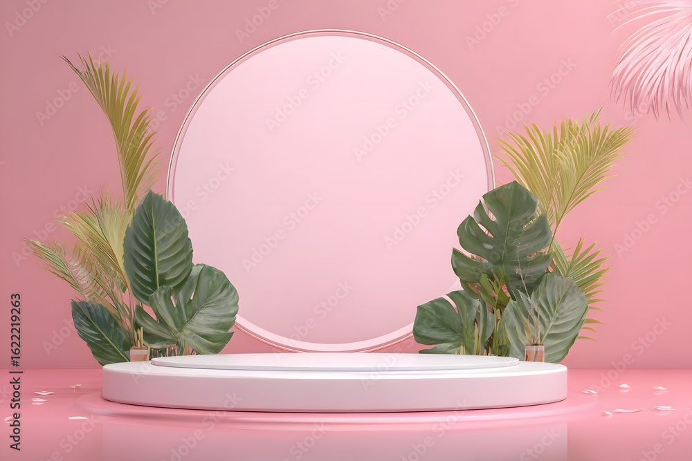 Poster 3d rendering of an empty podium with tropical leaves and a circular frame on a pink background for p