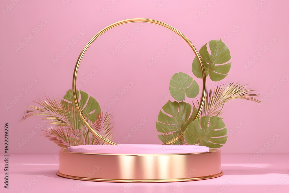 Poster 3d rendering of an empty podium with tropical leaves and a circular frame on a pink background for p