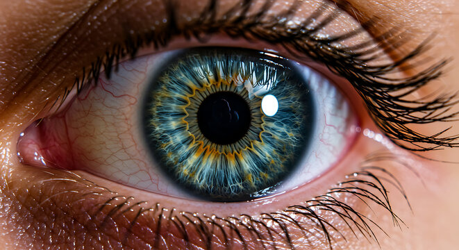 A stunning macro photograph of a beautiful human eye with a detailed blue and yellow iris, showcasing the complexity of vision
