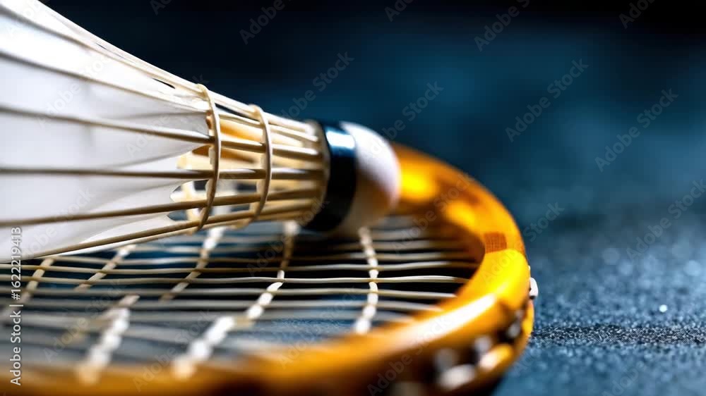 Poster close-up of a badminton racket and shuttlecock on a dark textured surface