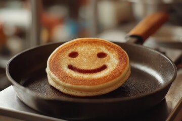 Stack of delicious pancakes with a smiley face inside a cast iron skillet. Good for menus, food blogs, kid-friendly content, or happy breakfast concepts.