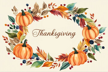 Elegant Thanksgiving invitation with watercolor wreath of pumpkins, autumn leaves, and berries on a cream background. High-resolution design with centered script space for custom text.