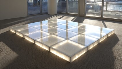 A large, square, translucent floor made of lit panels