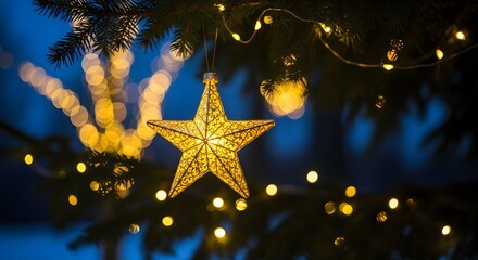 Wide Christmas decor banner background with gold color glowing star lanterns lighten on the floor