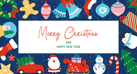 Fototapeta premium Merry Christmas and New Year banner template with festive elements around the frame. For winter holiday.