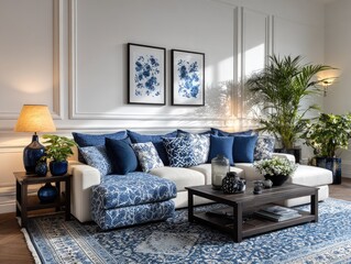 Sunlit living room, off-white sectional sofa with blue patterned cushions, coffee table, plants, and rug
