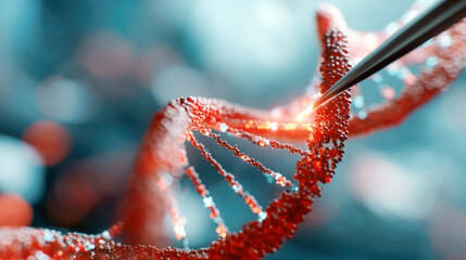 Close-up of vibrant red DNA strand being manipulated with precision tool, showcasing intricate molecular structure and scientific exploration concept