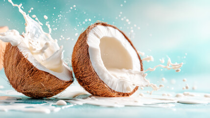 Fresh coconut halves splashing creamy coconut milk on a vibrant blue background, showcasing the tropical essence and natural ingredients in culinary art