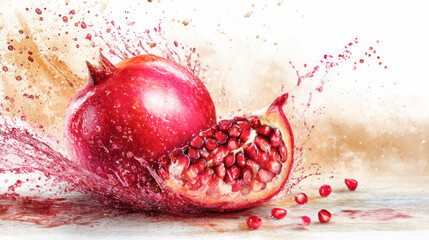 Vibrant pomegranate bursting with juice and seeds, showcasing rich colors and textures in a dynamic splash illustration, perfect for food-related designs