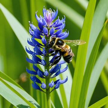 Bumble bee on pickerel weed flower in Sunapee, New Hampshire.