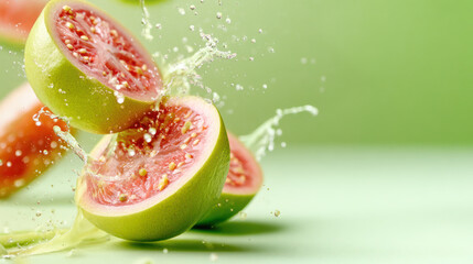 Fresh guava slices splashing in water against a vibrant green background, showcasing juicy texture and refreshing summer vibes