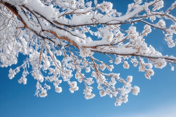 Snowy tree branches against a vibrant, clear blue sky on bright winter day. Perfect for winter holiday cards, backgrounds, or seasonal designs.