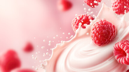 Fresh raspberries splashing into creamy yogurt, creating dynamic motion and vibrant colors, evoking a sense of delicious indulgence and freshness