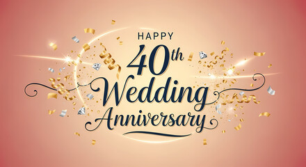 Elegant 40th Wedding Anniversary celebration graphic featuring gold confetti, diamonds, and celebratory text.