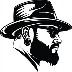Bearded man with sunglasses and a hat exhibits a captivating and stylish silhouette