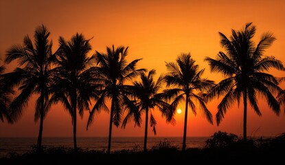 Obraz premium Silhouette palm trees at sunset over ocean