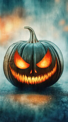 Jack-o'-lantern with glowing eyes and menacing grin, set against a blurred background, creating an eerie Halloween atmosphere and festive spirit