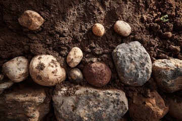 Various sized stones rest in rich, dark brown soil with a tiny green plant. Show growth, construction, foundations, and the earth in various designs.