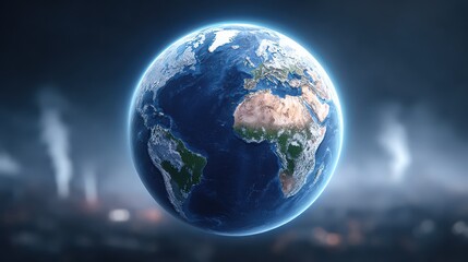 Fototapeta premium A beautiful, detailed globe glowing softly in the foreground, contrasted by visual elements of air pollution in the background.