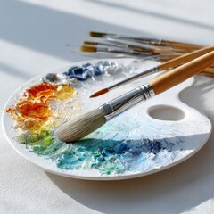 Obraz premium Colorful paint palette and brushes