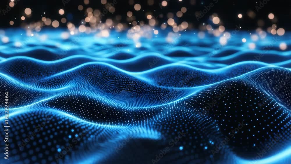 Wall mural blue digital wave pattern with glowing blue dots and bokeh lights creating futuristic abstract backg