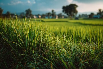 Fototapeta premium Lush green grass in a field, blurred background of trees and buildings at sunset