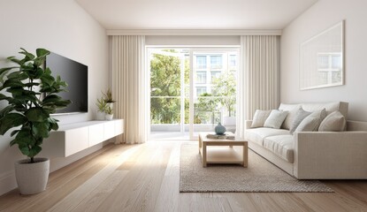 Bright, minimalist living room with patio view
