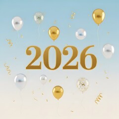 Golden 2026 New Year Celebration with Balloons and Confetti on B