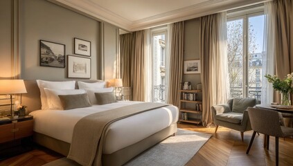 Fototapeta premium Luxurious bedroom with large windows