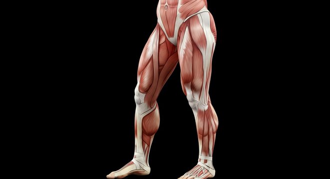A detailed anatomical illustration of a human leg shown from the side, highlighting muscles and structure with clean linework