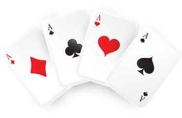 Aces playing cards four poker game. Vector Isolated realistic gambling card. Clubs and spaces, hearts and diamonds casino card. Black and Red suits