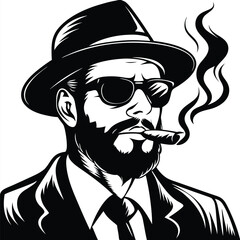Bearded man with sunglasses and hat elegantly smokes a cigar, radiating black and white style