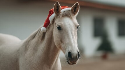 Gray horse joyfully wearing a festive Santa hat against a cozy winter backdrop. Christmas and New Year. Year of the horse