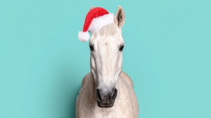 Joyful white horse wearing a festive red and white santa hat against a bright turquoise backdrop during the holiday season. Christmas and New Year. Year of the horse