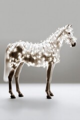 White horse elegantly adorned with glowing lights in a minimalist studio setting creating a tranquil and enchanting atmosphere. Christmas and New Year. Year of the horse