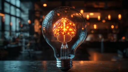 Lightbulb with a glowing brain inside representing innovation and ideas in a modern workspace - Powered by Adobe