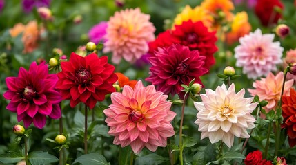 Vibrant Blooming Dahlias in a Colorful Garden