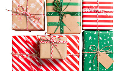 Fototapeta premium Stacked Christmas Gift Boxes in Various Sizes and Patterns, Top-Down View, Transparent Background.