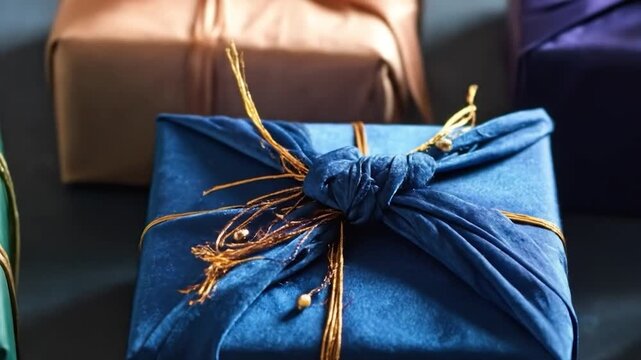 Wrapped gifts in soft fabric, tied with gold string, fill the frame. The focus is on a dark blue package with textured fabric. Other gifts of various colors are blurred in the background