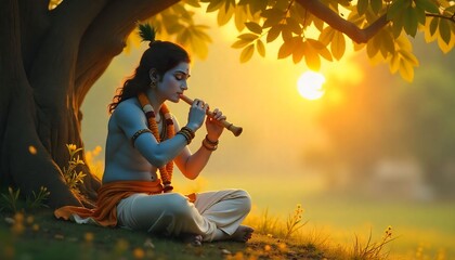 Lord Krishna playing flute under a tree in Vrindavan, soft divine glow, artistic style