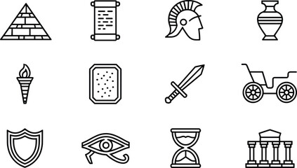 Collection of simple line art icons representing ancient civilization and cultures.