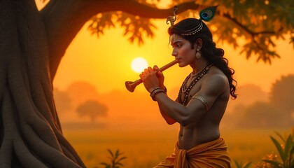 Lord Krishna playing flute under a tree in Vrindavan, soft divine glow, artistic style