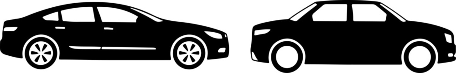 Two black sedan vehicles silhouettes vector illustration for transportation and design projects.