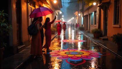 vibrant street during Diwali, decorated with lights and rangoli, traditional attire