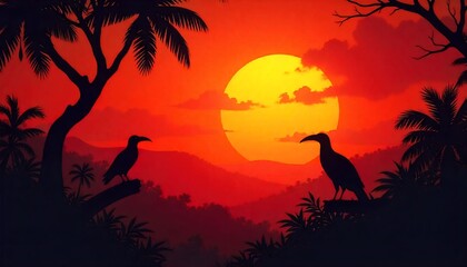 Colorful exotic birds flying over a tropical rainforest, vibrant and detailed
