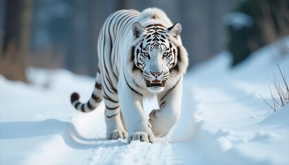 majestic white tiger walking through snow, realistic fur details”